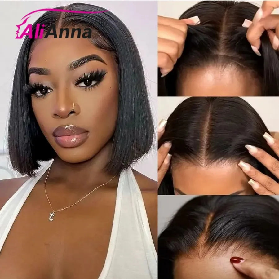Straight Glueless Short Bob Wig Human Hair Ready To Wear Transparent Pre