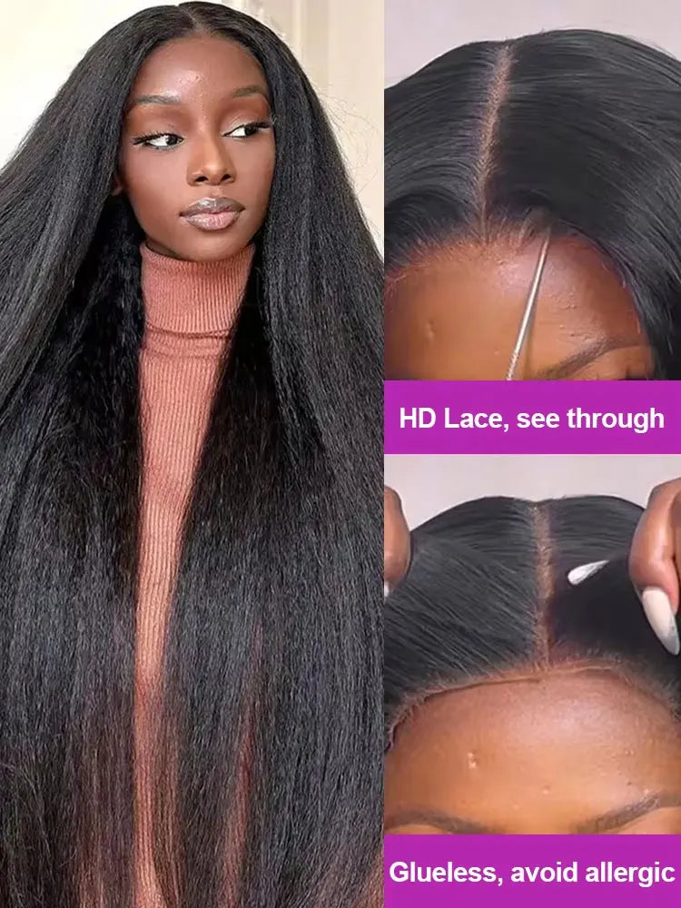 5x5 Kinky Straight Glueless Wigs Pre Cut Lace Front Yaki Human Hair