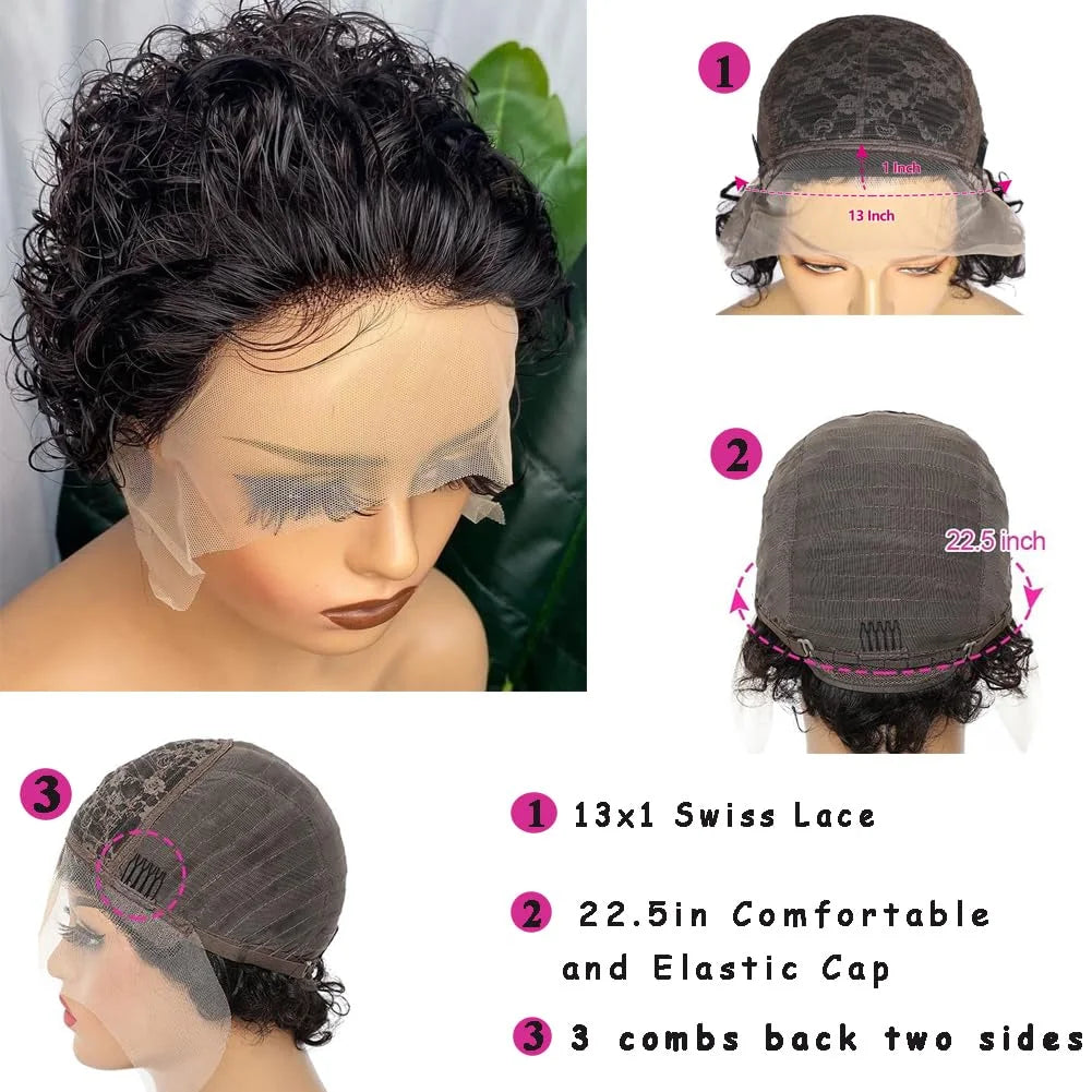 Curly Pixie Cut Wig Lace Human Hair Water Wave Short Bob, 13x1