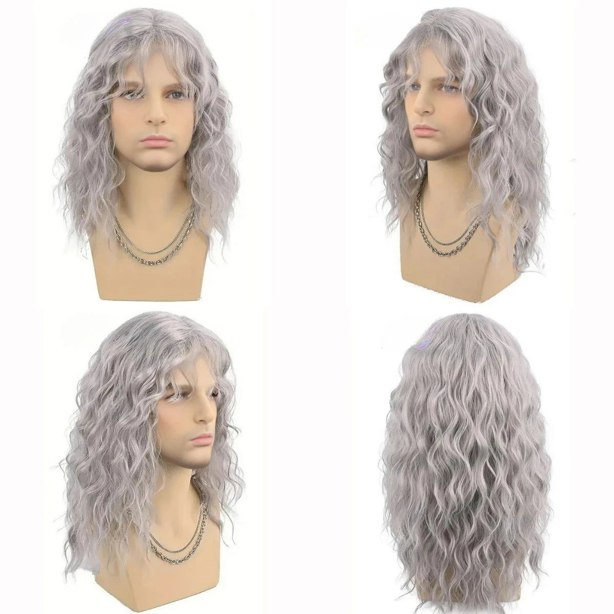Synthetic Men's Wig Grey Natural Curly Bangs Water Wave Daily Or Cosplay