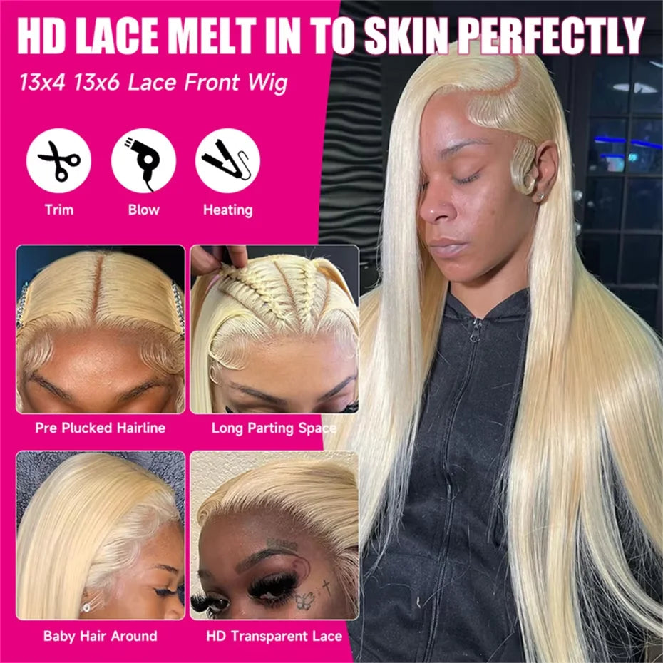 613 Honey Blonde Straight Human Hair Lace Frontal Wig, 13x6 13x4, Pre-Plucked, Brazilian