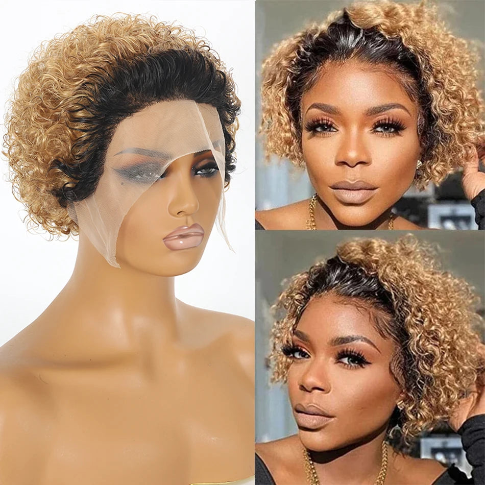 Ombre 1B/27 Pixie Cut Wigs Human Hair Short Curly Lace Front Brazilian