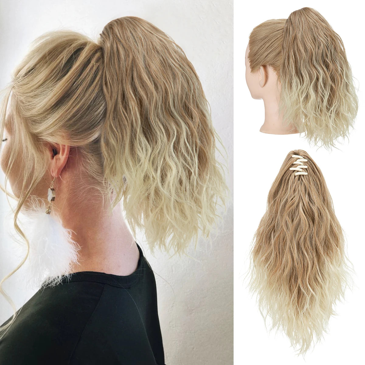 Synthetic Curly Claw Clip in Ponytail Blonde Brown Short Hairpiece 13" Fake