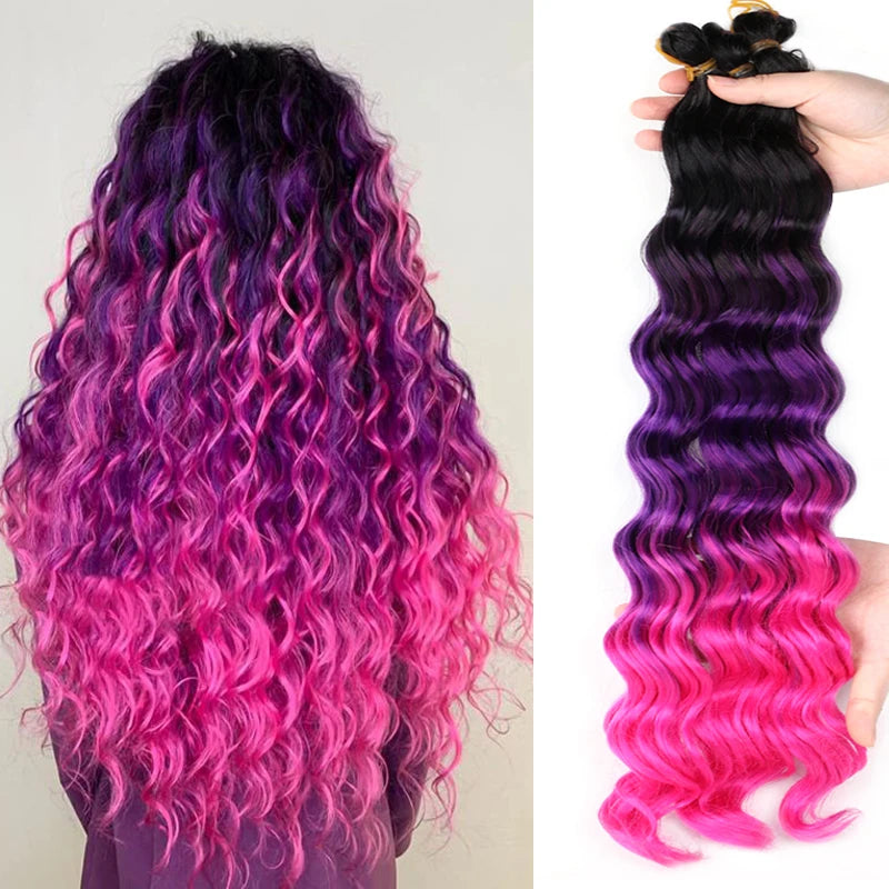 20“Deep Curly Synthetic Hair Deep Wave Bulk Crochet Braid Black Ombre Blue