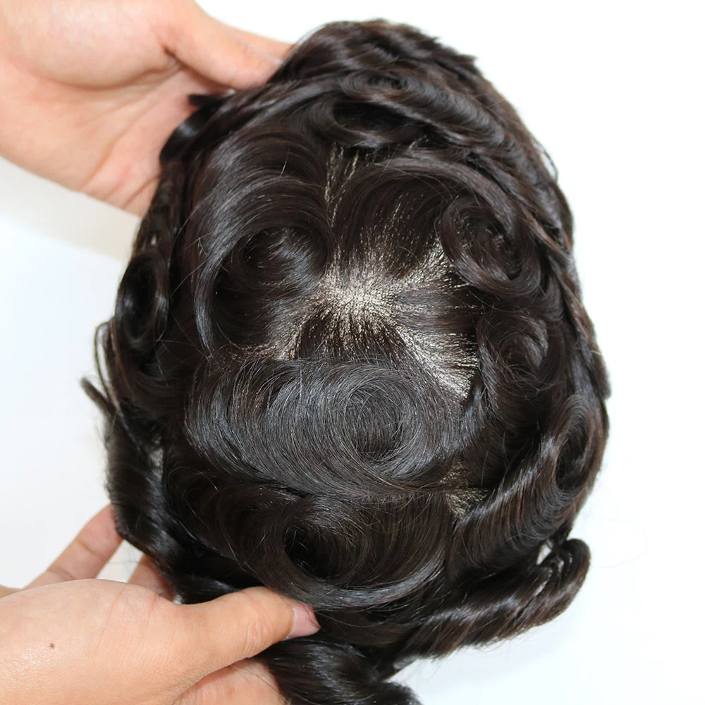 Swiss Lace PU Toupee Black Europe Human Hair Wig 1B40 Replacement System