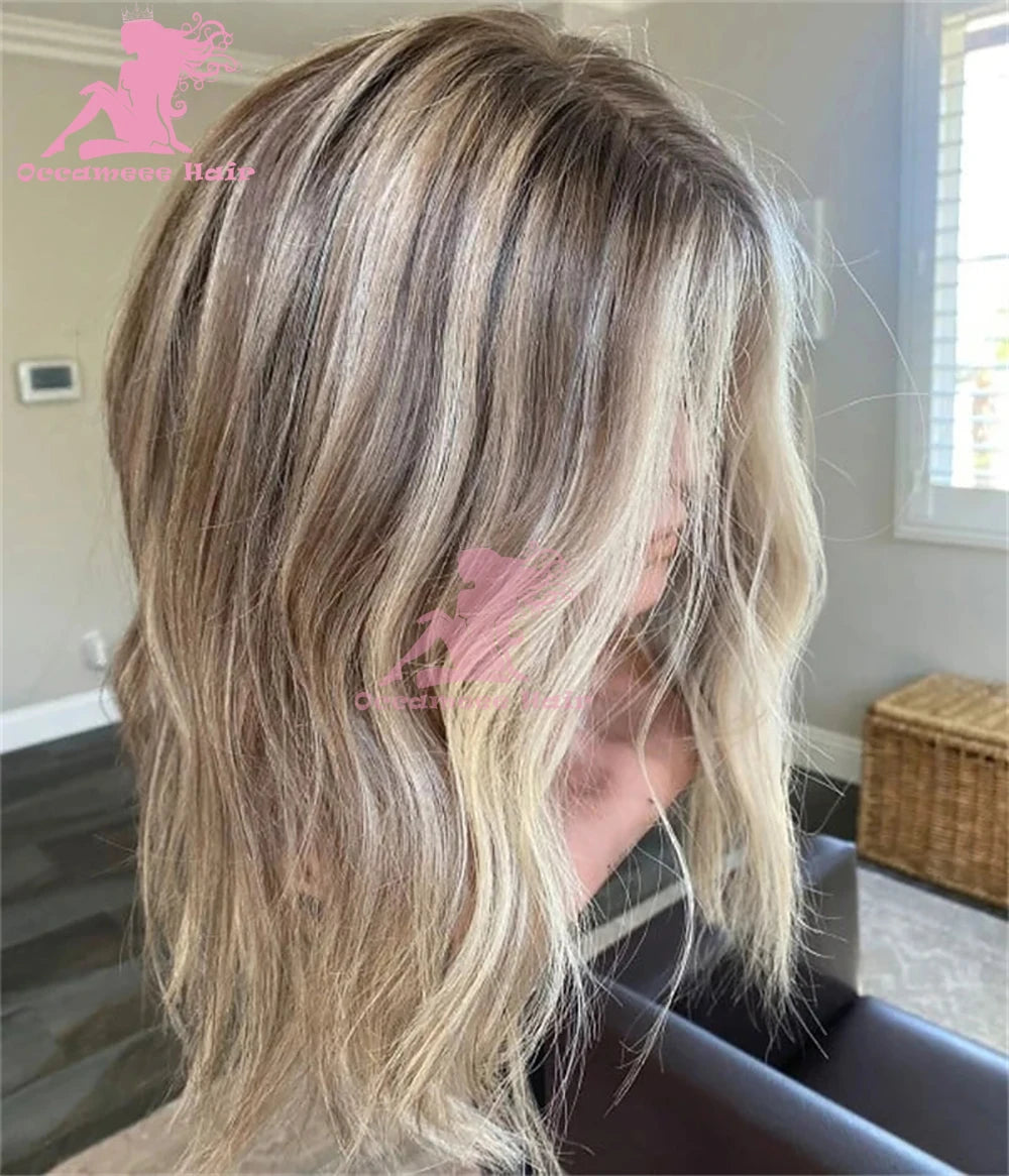 Human Hair Lace Frontal Wig Ombre Blonde Highlights Natural Wave Brown Roots
