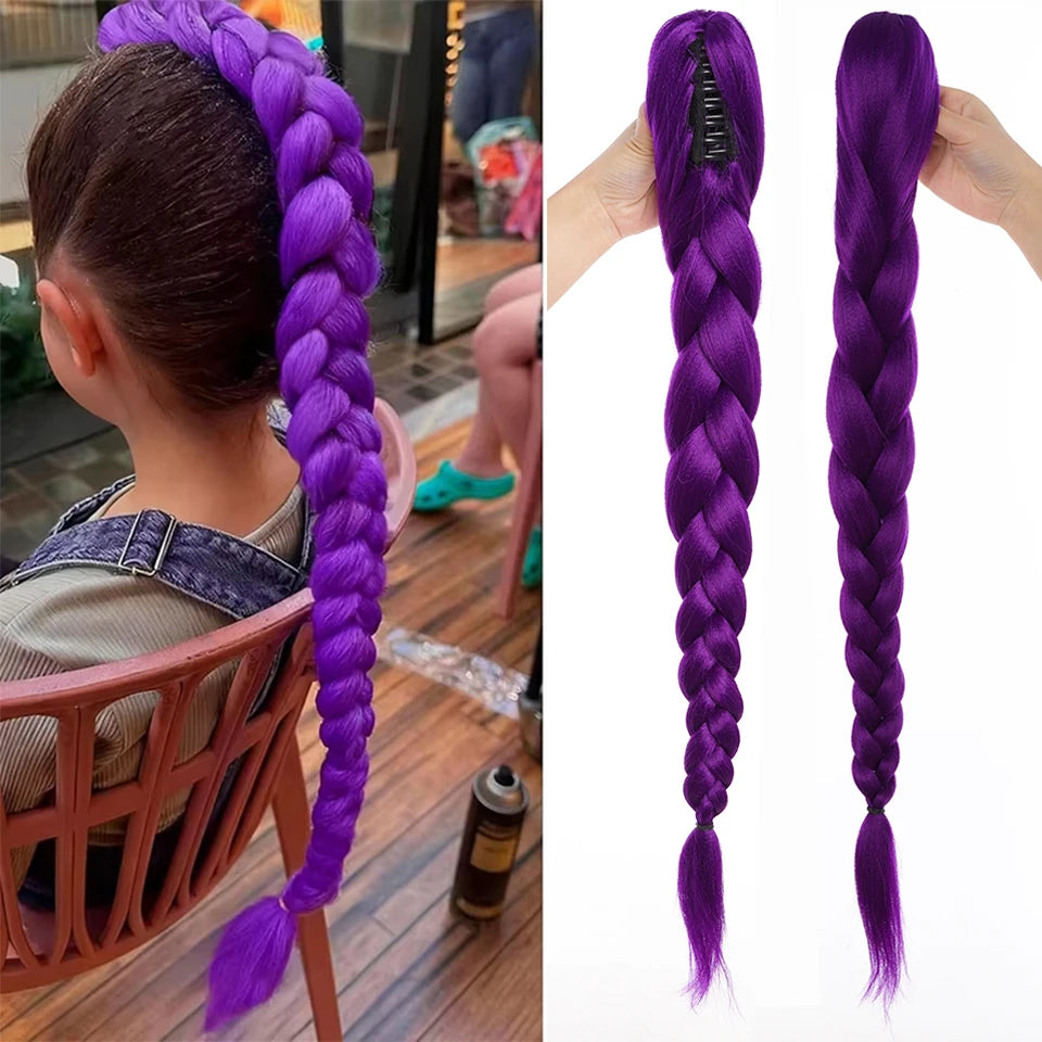 Purple Braided Synthetic Ponytail Extension, 28 Inch, Claw Clip