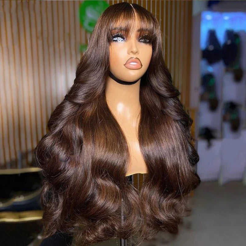 Chocolate Brown 13x6 HD Lace Frontal Human Hair Wig Bangs Fringe Body