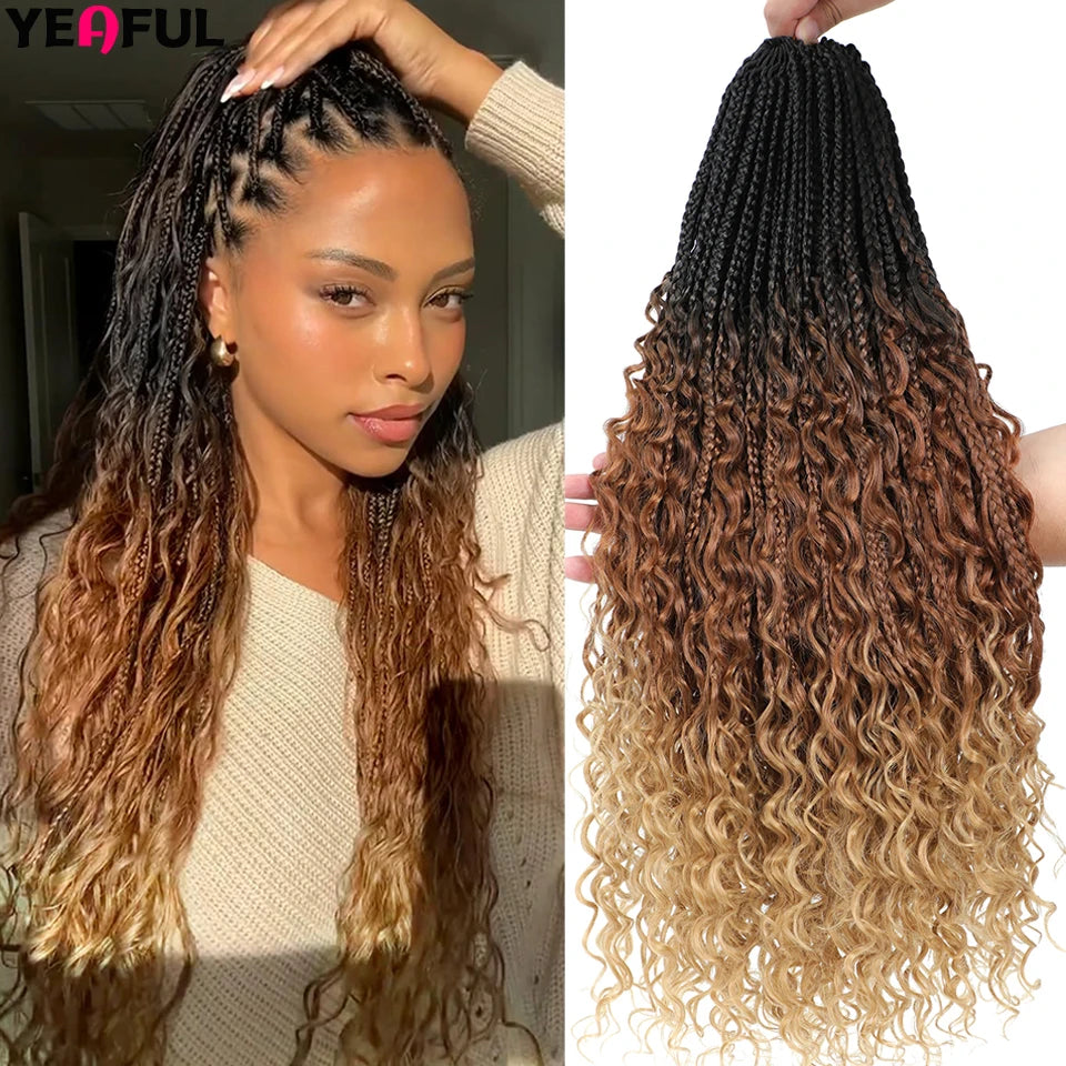 Ombre Goddess Box Braids Crochet Hair Dark Brown Chocolate Ginger Bohemian Curly