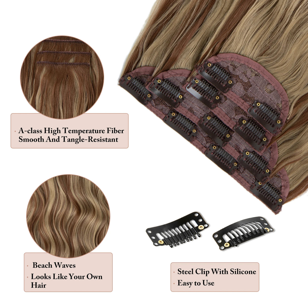 Synthetic Long Wavy Clip in Hair Extensions 22" Thick Hairpiece Brown Blonde