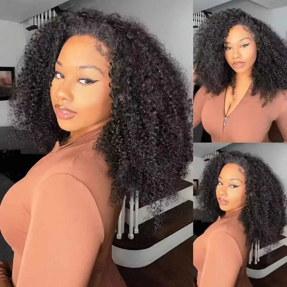Density Afro Kink Curly Half Wig Human Hair Breathable Machine Made 3In1