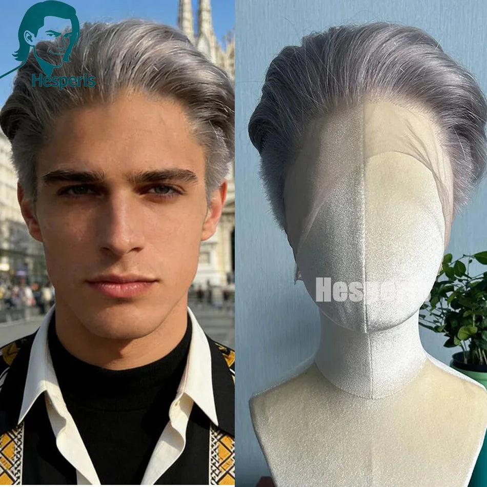 Grey Short Pixie Cut Human Hair Full Lace Wig for Men, Pre-Plucked