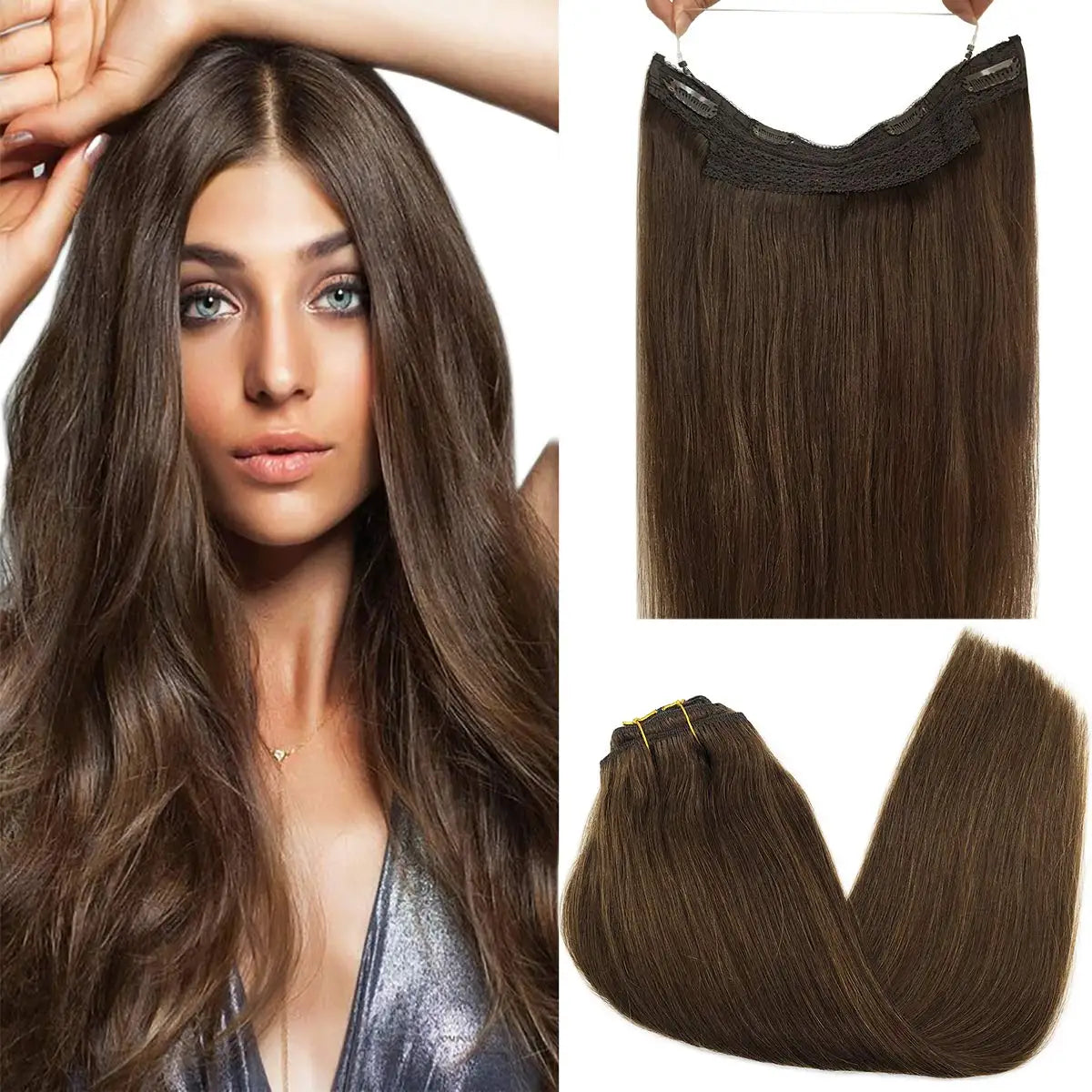 Wire in Hair Extensions Real Human Balayage Dark Brown To Chestnut Invisible
