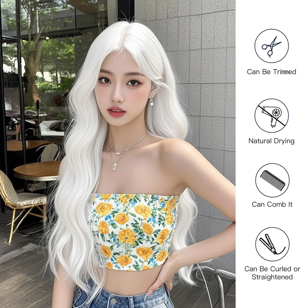 Super Long Curly Silver White Synthetic Wig Medium Part Water Wave Daily