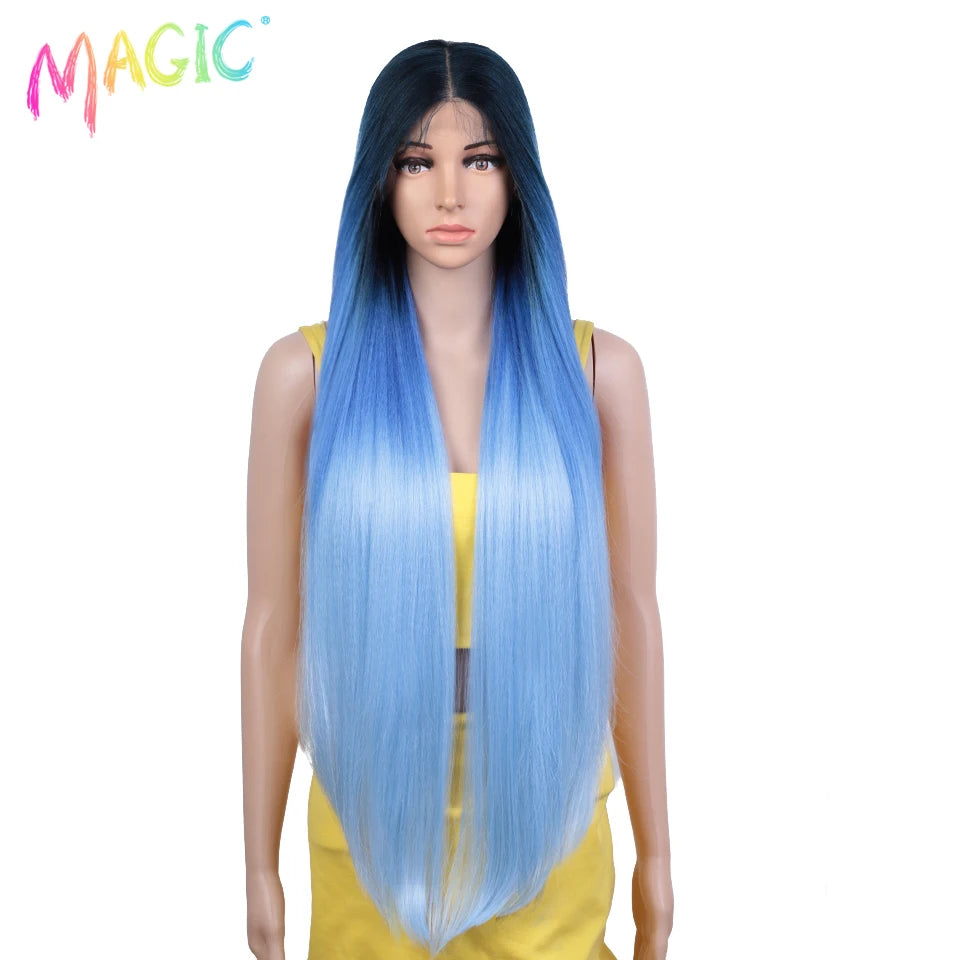Magic Straight Synthetic Lace Front Wig Long Ombre Brown Red Blonde Hightlight