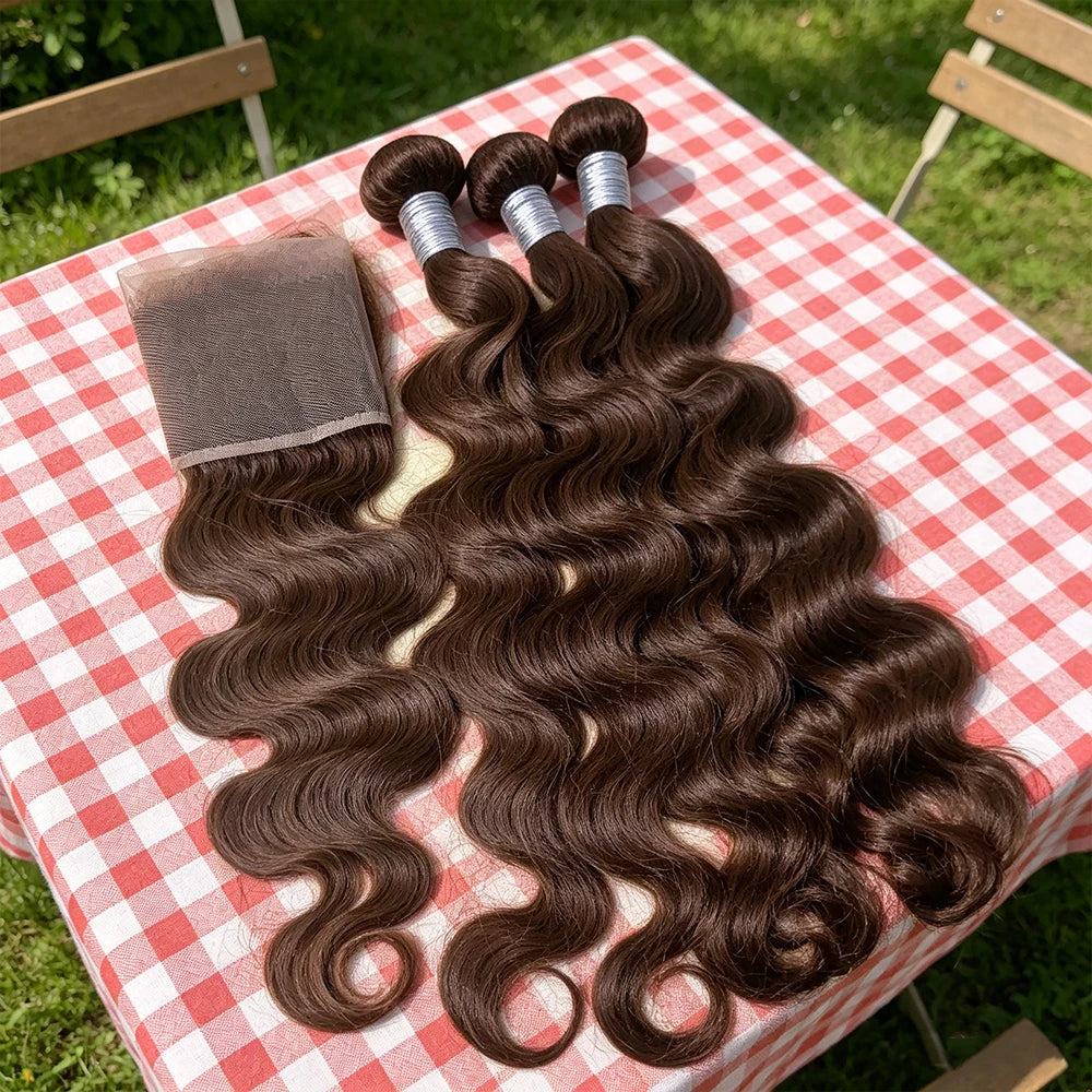 Chocolate Brown Colored Body Wave Human Hair Bundles 4x4/5x5/13x4 Closure Frontal Remy