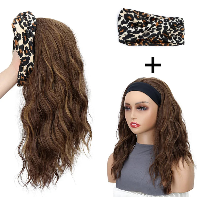 Headband Synthetic Wigs Short Curly Brown Highlight Golden Headband Wigs Daily Cosplay Heat Resistant