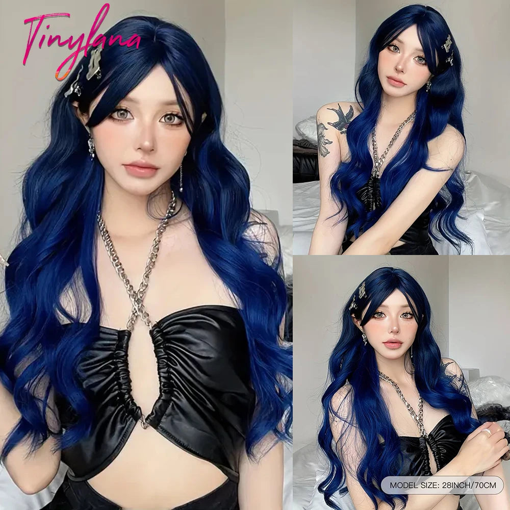 Super Long Black Wavy Synthetic Wigs Bangs Afro Dark Water Wave Halloween