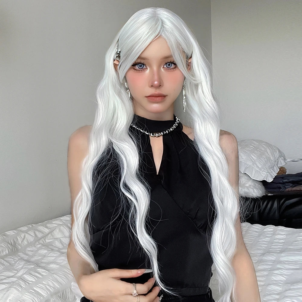 Long Water Wave Wig Bangs White Colorful Cosplay Silky Daily Party Natural