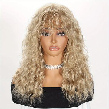 Golden Long Curly Wavy Women's Wig with Bangs, Synthetic Fiber Full Head Wig for Halloween Party