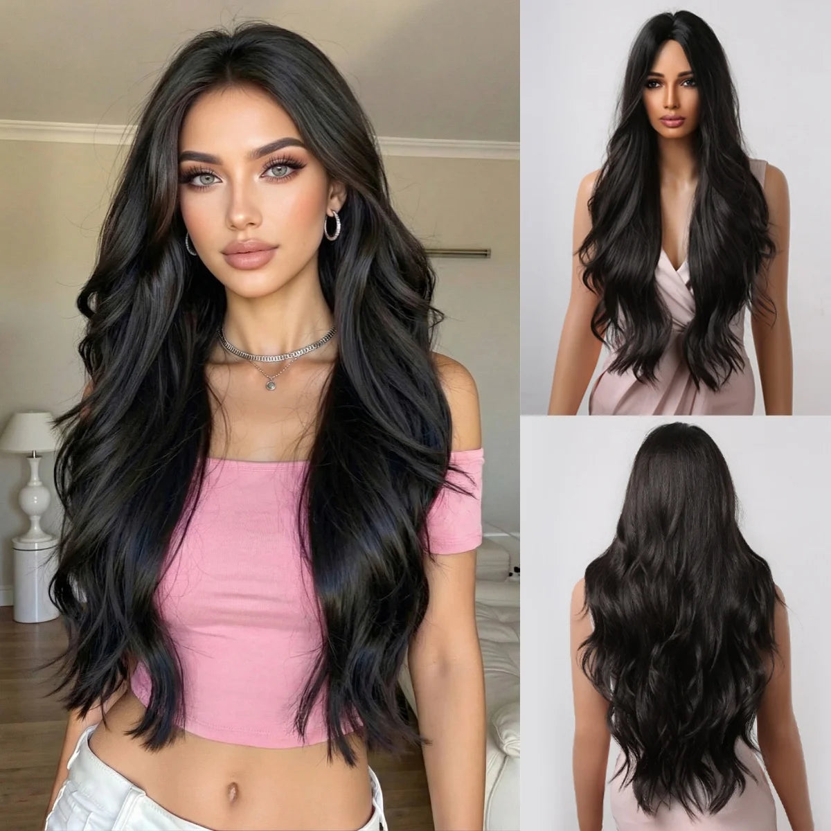 Platinum Blonde White Highlight Dark Roots Synthetic Hair Wigs Long Wavy Cosplay