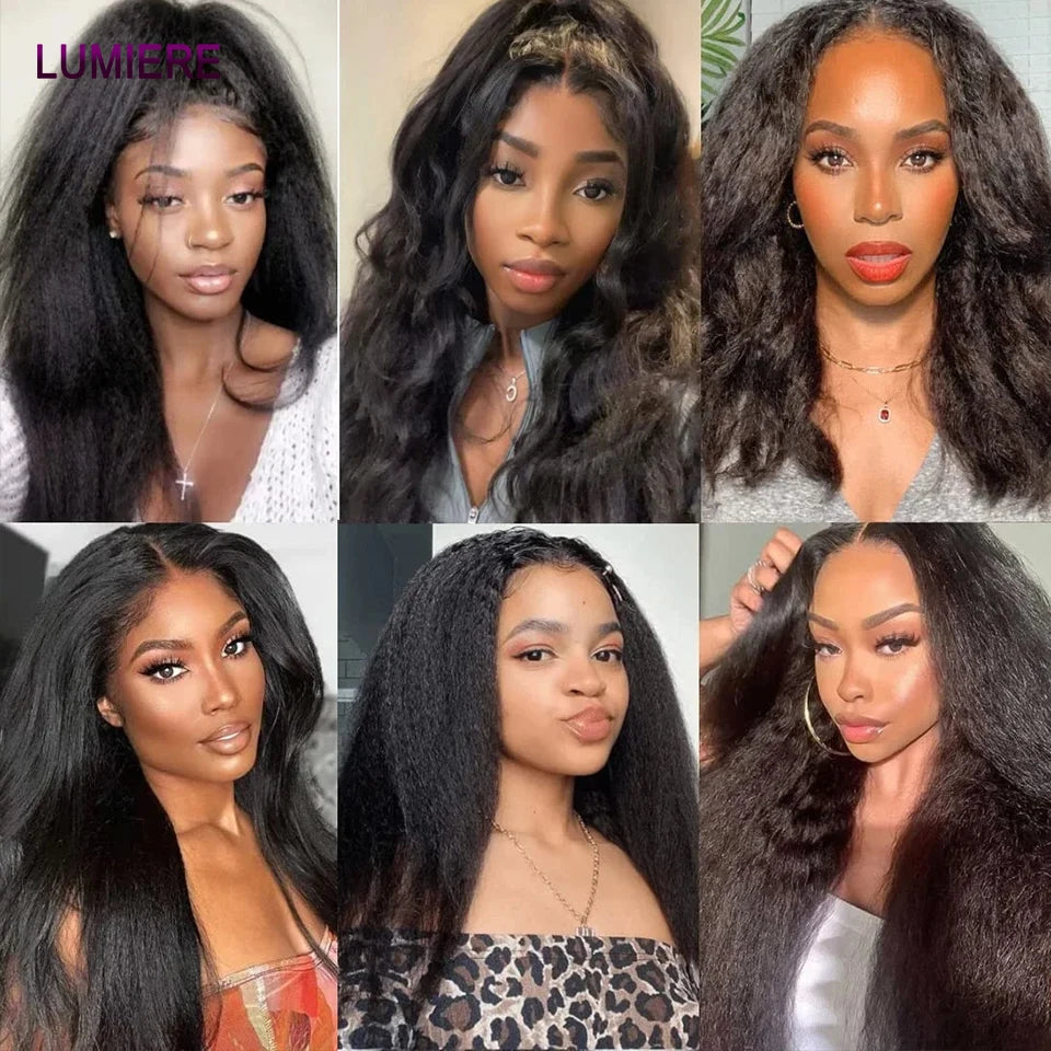 Kinky Yaki Straight Human Hair Bundles Closure Frontal HD Transparent Brazilian Deep
