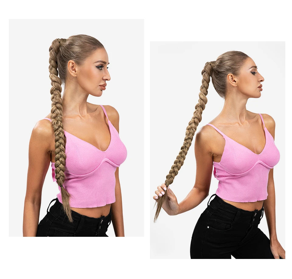 Synthetic Diy Long Braid Ponytail Extension Elastic Tie Straight Natural Wrap Around