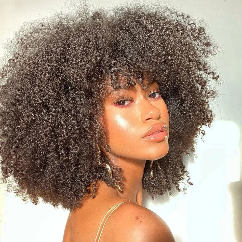 Mongolian Curly Afro Kinky Human Hair Wigs Bangs Without Glue Bouncy Density