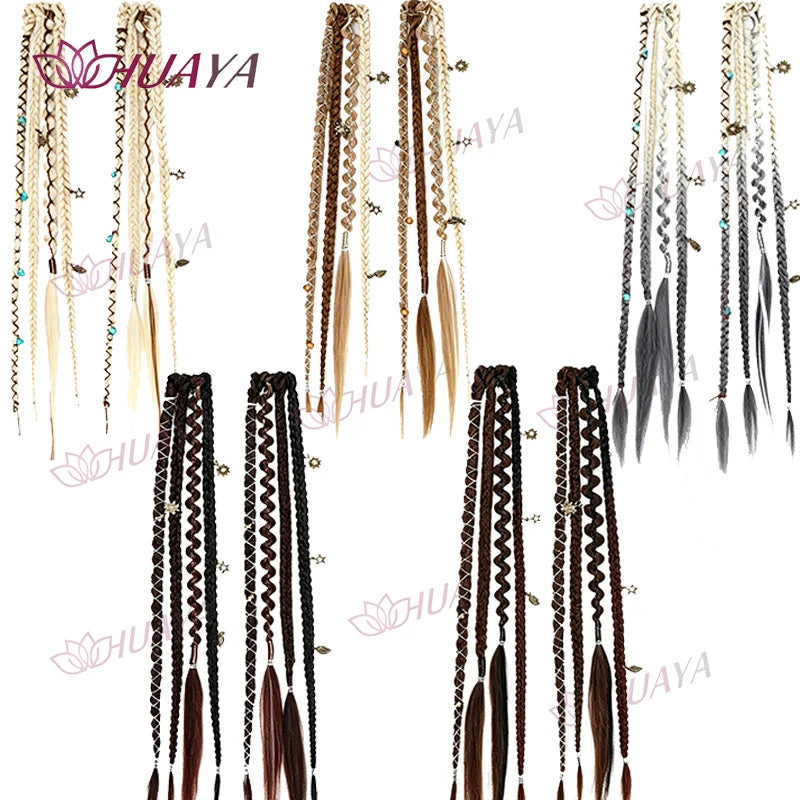 Hand-Braided Synthetic Fiber Water-Drop BB Clip-In Hair Extensions, 2 Pieces Per Set, 20-Inch Bohemian Beaded Braids, Versatile