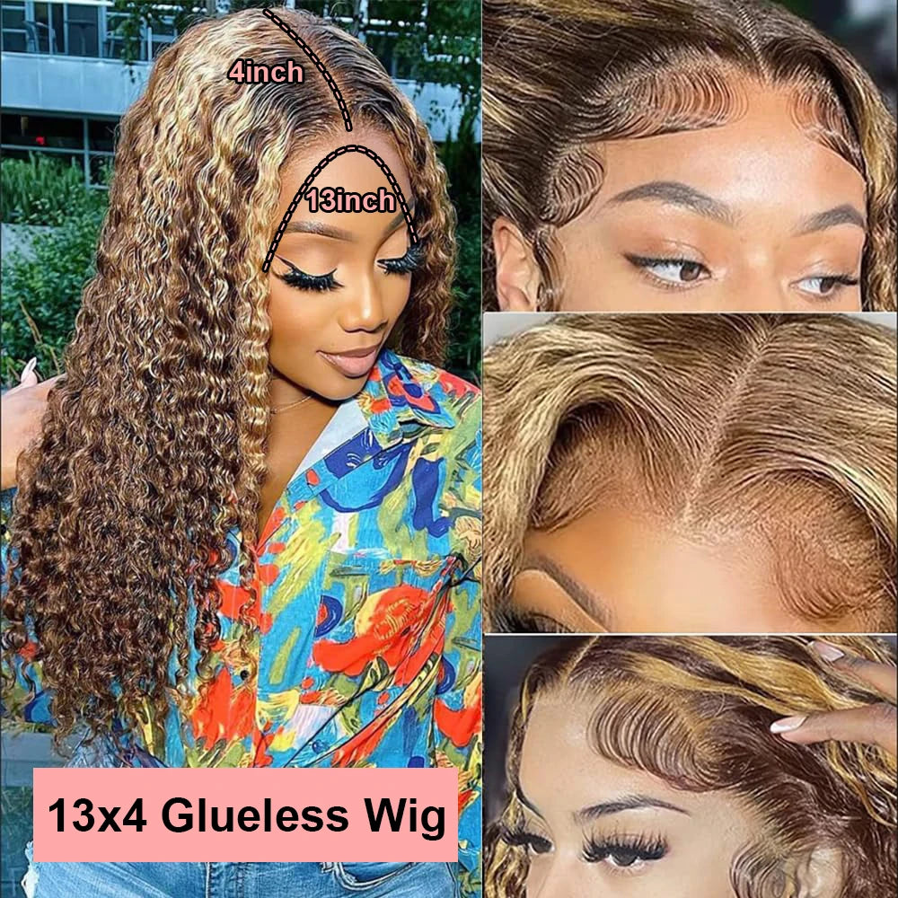 Honey Blonde Curly Wigs, 13x6 Glueless Highlight Human Hair Ready To Wear