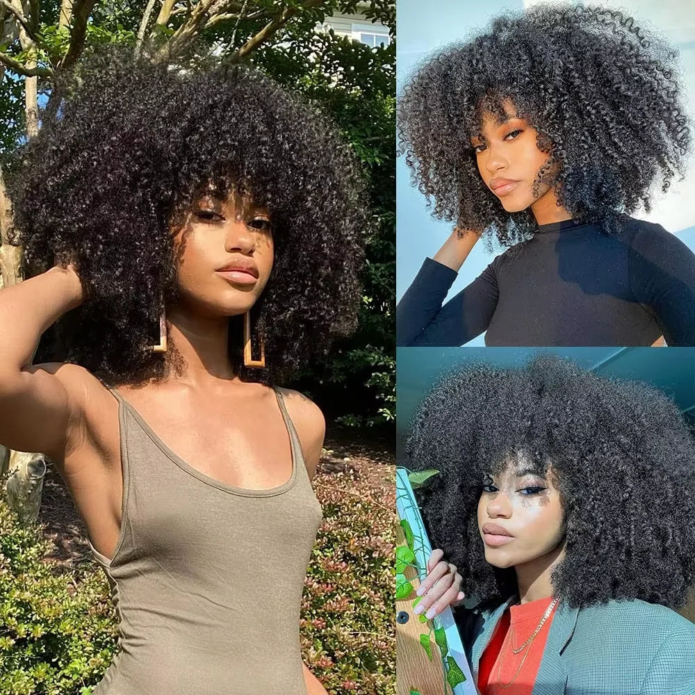 Mongolian Curly Afro Kinky Human Hair Wigs Bangs Without Glue Bouncy Density
