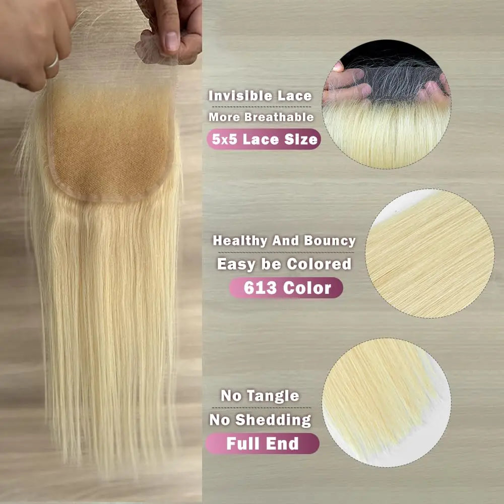 12-22 Inch Straight 613 Blonde 5x5 Transparent Lace Closure 100% Brazilian Virgin Hair Pre-Plucked 150% Full End