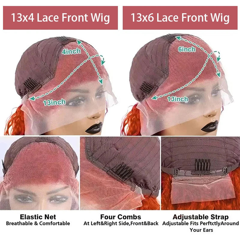Water Wave Ginger Lace Front Wigs Human Hair, 13x4 Colored 100% Brazilian