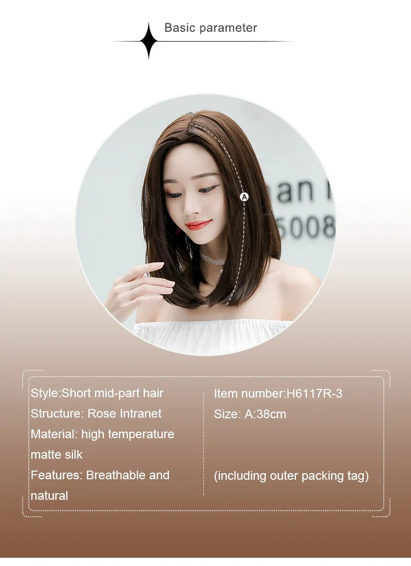 Wigs Short Straight Chocolate Bob Density Synthetic Layered Middle Part Dark Brown