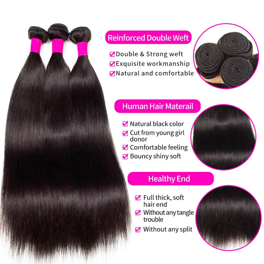 Bundles Brazilian Straight Human Hair Weave Natural Black Virgin Remy 14-30 Extensions