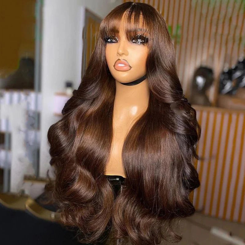 Chocolate Brown 13x6 HD Lace Frontal Human Hair Wig Bangs Fringe Body