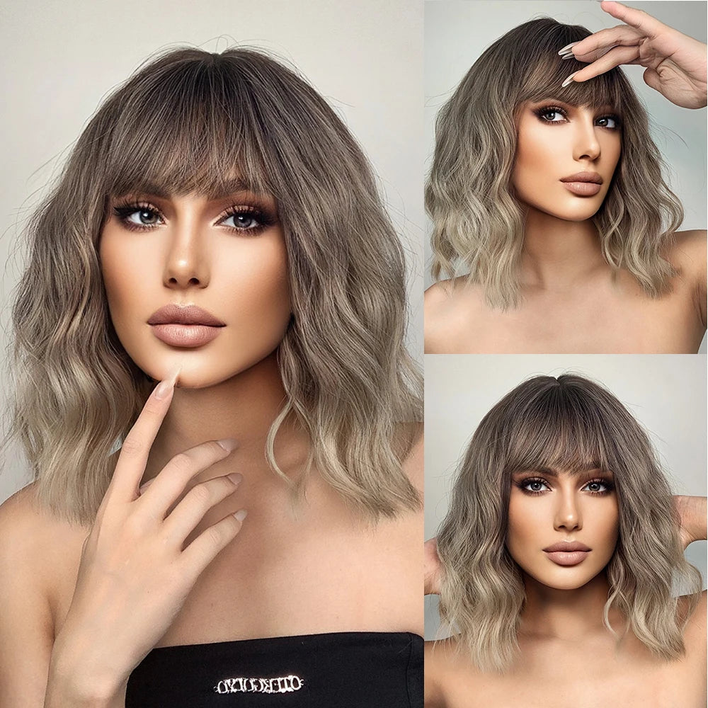 Pink BOBO Synthetic Wigs Short Natural Wave Hair Wig Party Daily High Density Heat Resistant