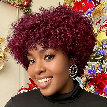 Human Hair Wig Natural Afro Kinky Curly Pixie Cut with Bangs Full Jerry Curly Hairpiece Full Machine-Made Wig