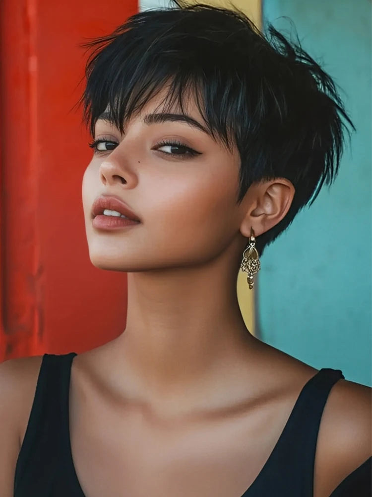 100% Human Hair Wigs Black Short Pixie Cut Brazilian Remy Full Machine