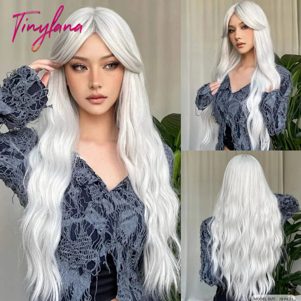 Super Long Black Wavy Synthetic Wigs Bangs Afro Dark Water Wave Halloween