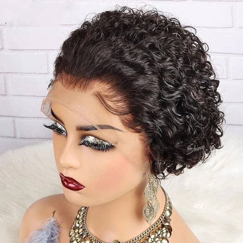 Curly Pixie Cut Wig Lace Human Hair Water Wave Short Bob, 13x1