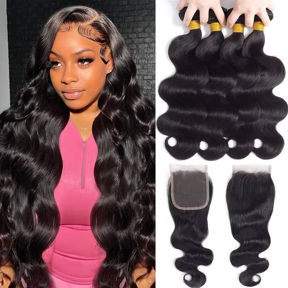 Brown Body Wave Human Hair Bundles with Lace Closure — Brazilian, Remy