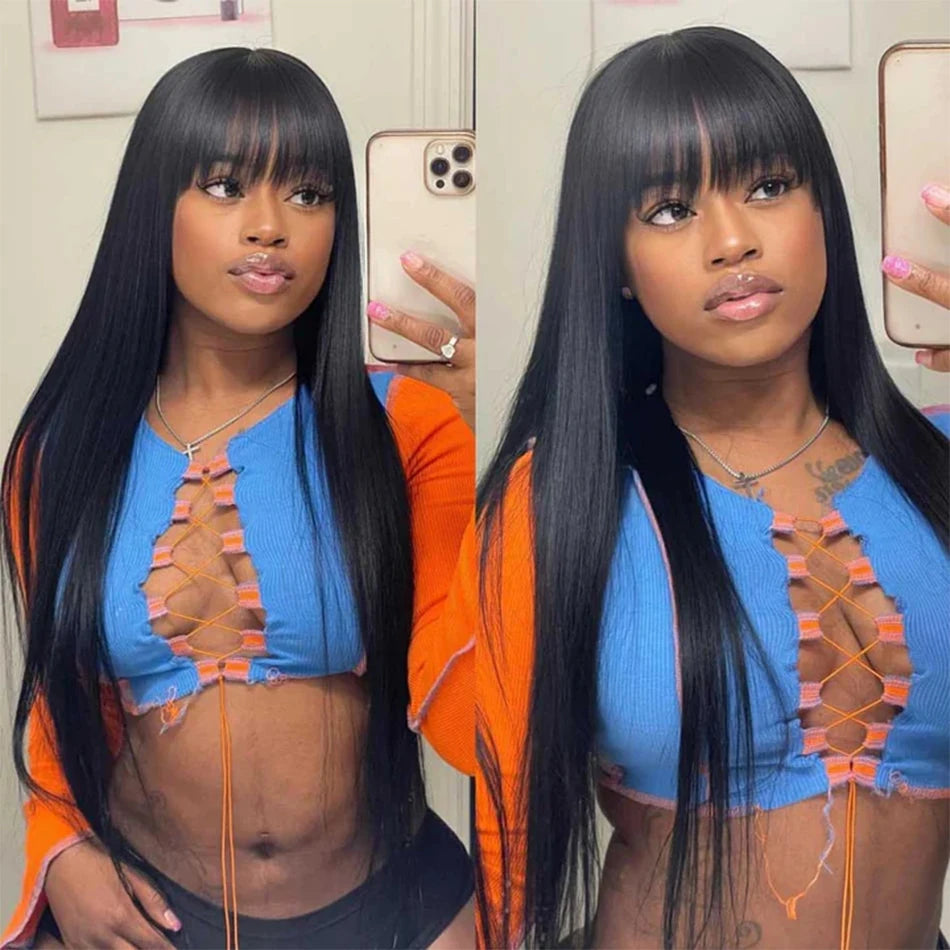 Straight Wigs Bangs Human Hair None Lace Front Brazilian Virgin Glueless Machine