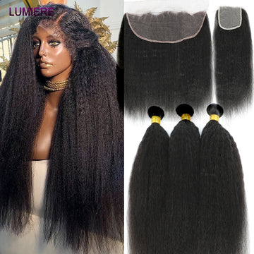 Kinky Yaki Straight Human Hair Bundles Closure Frontal HD Transparent Brazilian Deep