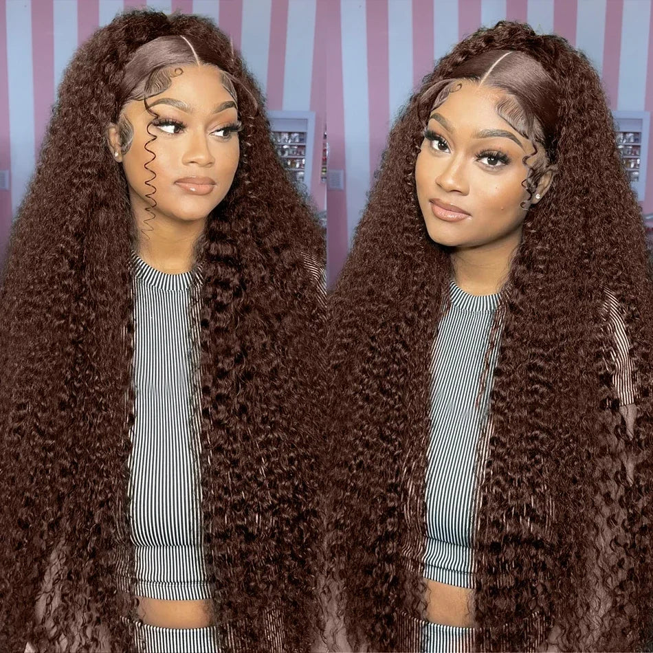 Deep Wave Frontal Wig, 13x4 HD Lace Chocolate Brown Curly Front Human
