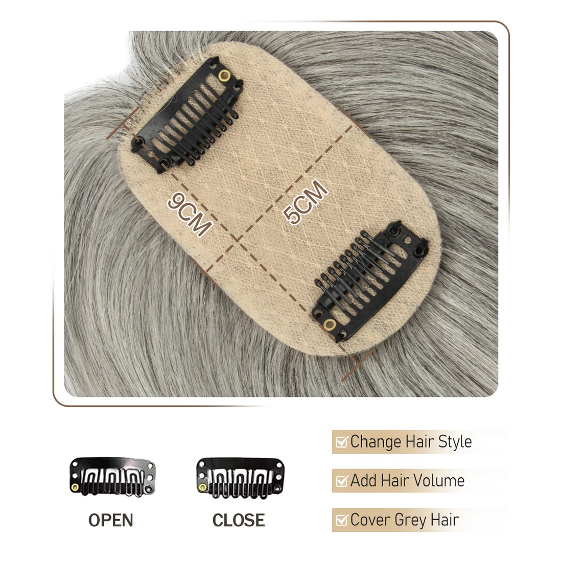 5x9cm Natural Human Hair Toppers Silk Base Weightless Cover Wide Hairpart/Grey Hair Black Brown Breathable