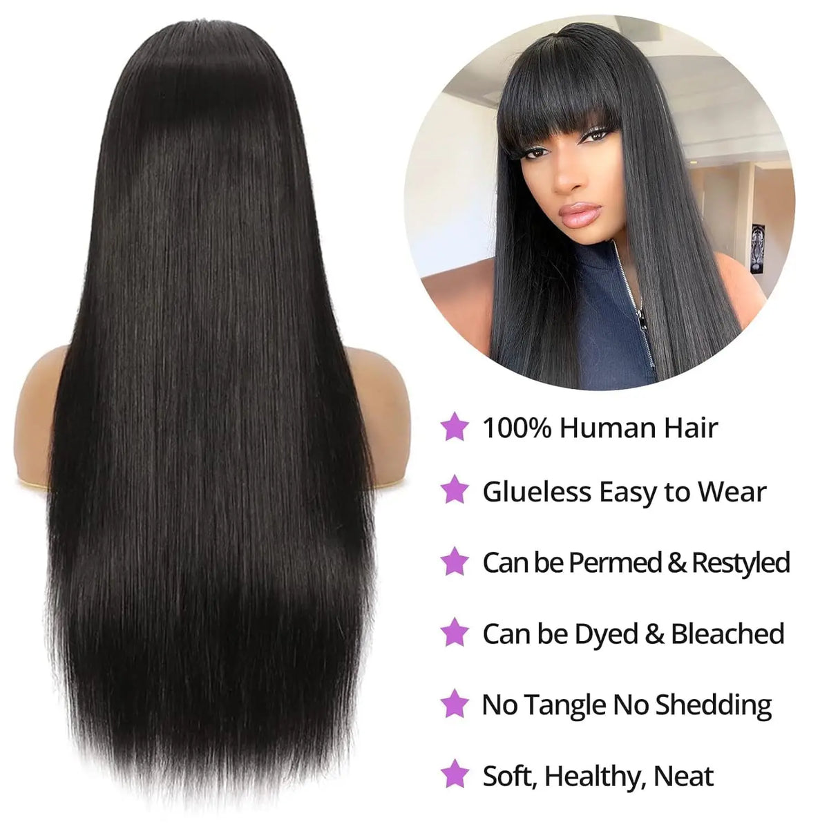 Peruvian Straight Full Machine Made Wig Bang, 180% Natural Human Hair Pre-plucked