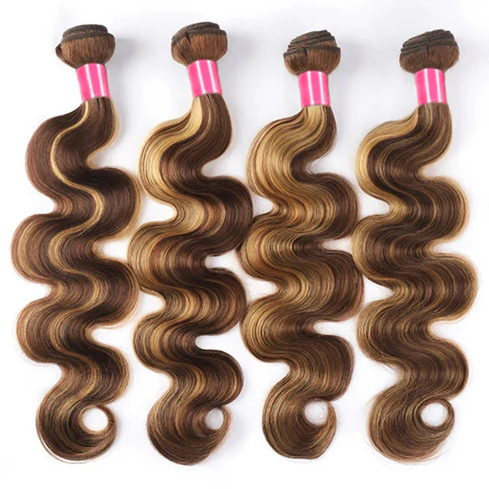 P4/27 Highlight Human Hair Bundles, 4x4 Body Wave Lace Closure Brazilian Remy