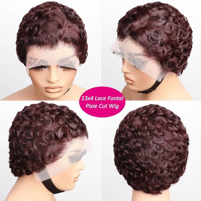 Curly Pixie Cut 13x4 Lace Front Wig, Human Hair, Short Layered Glueless Wig, Pre Plucked with Bangs, Natural Black