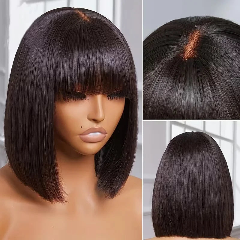 210% Density Curly Human Hair Wigs Bangs Glueless Short Bob Machine Made